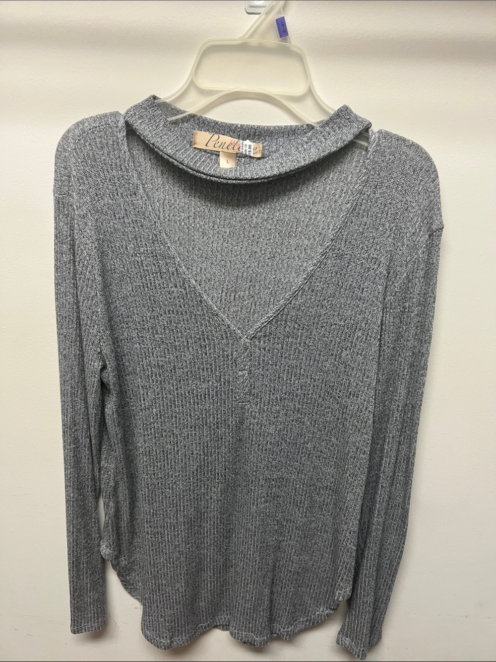 Pencey Gray Ribbed V-Neck Long Sleeve Top with Rolled Collar